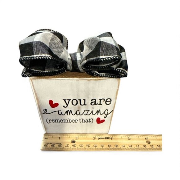You Are Amazing Wooden Block Sign With Buffalo Check Bow Handmade 4" x 4" Basket - Picture 2 of 6
